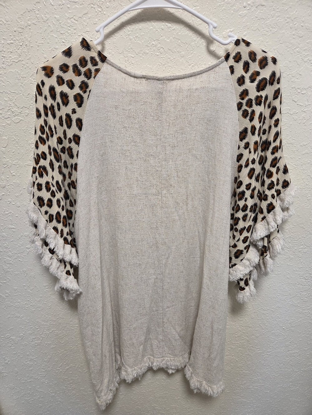 Umgee Cream Boho Tunic with Leopard Raglan Sleeves and Fringe - Picture 5 of 5